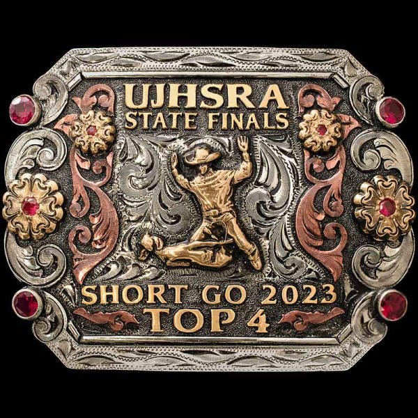 "This gorgeous Buckle is a Perfect Trophy to Award any Winner with! It's crafted on a hand engraved, German Silver base and detailed with beautiful Copper scrolls. Elements such as the Jeweler's Bronze flowers, lettering and cubic zirconia stones add